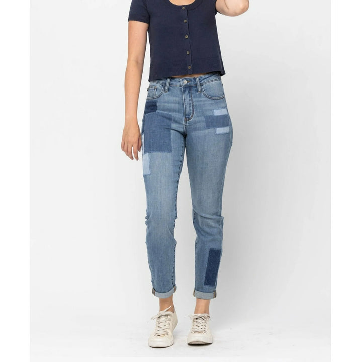 Judy Blue HIGH WAIST DOUBLE ROLLED CUFF PATCH BOYFRIEND JEANS - Regular & Plus