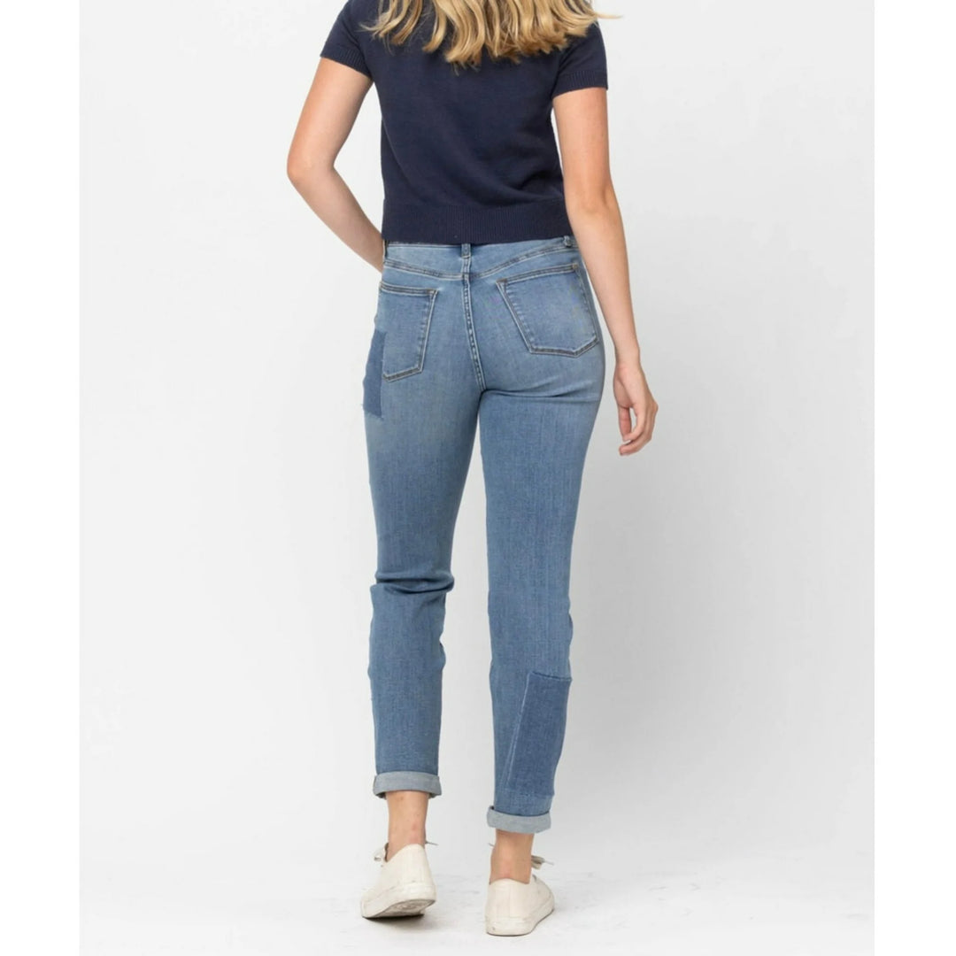 Judy Blue HIGH WAIST DOUBLE ROLLED CUFF PATCH BOYFRIEND JEANS - Regular & Plus