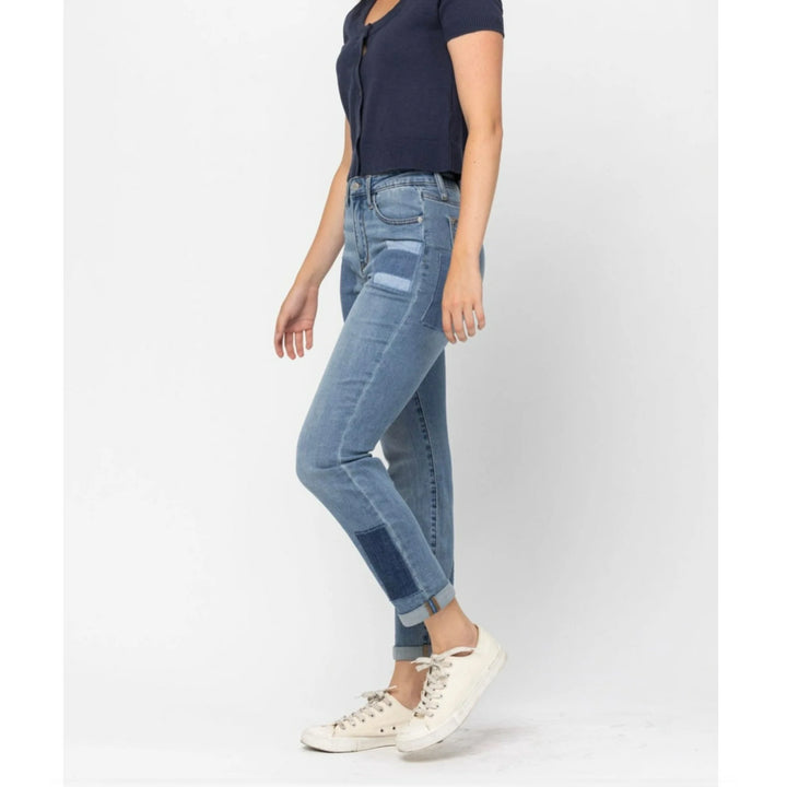 Judy Blue HIGH WAIST DOUBLE ROLLED CUFF PATCH BOYFRIEND JEANS - Regular & Plus