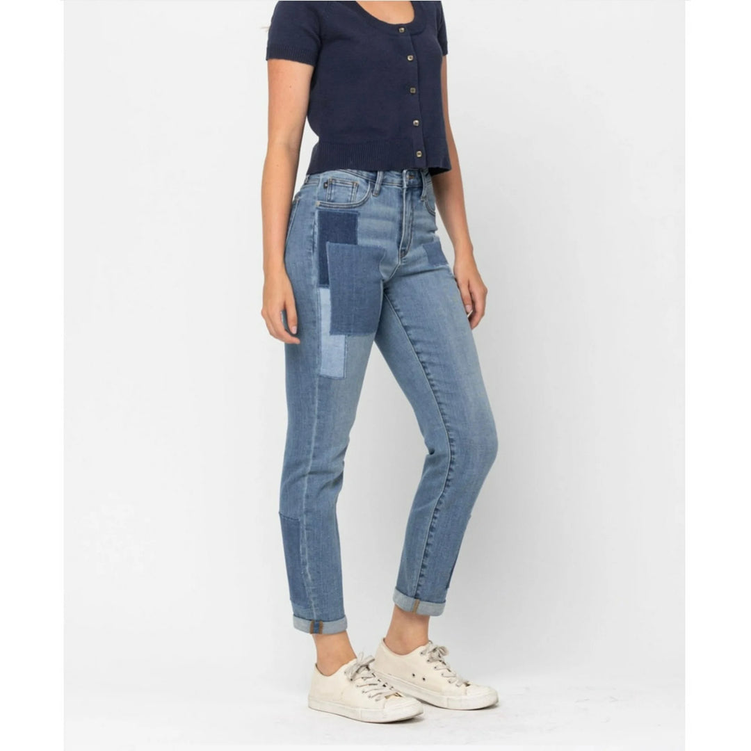 Judy Blue HIGH WAIST DOUBLE ROLLED CUFF PATCH BOYFRIEND JEANS - Regular & Plus