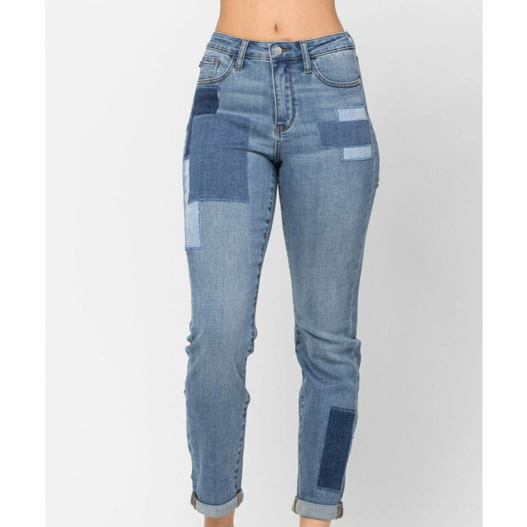 Judy Blue HIGH WAIST DOUBLE ROLLED CUFF PATCH BOYFRIEND JEANS - Regular & Plus