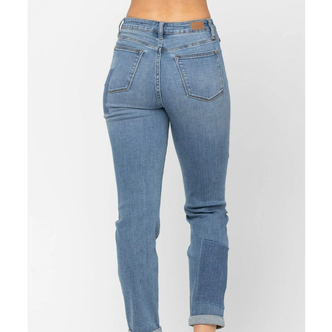 Judy Blue HIGH WAIST DOUBLE ROLLED CUFF PATCH BOYFRIEND JEANS - Regular & Plus