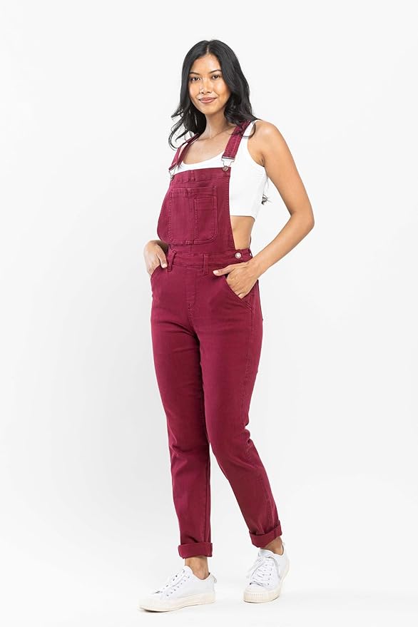 Judy Blue Garment Dyed High Rise Double Cuffed Overalls - Maroon