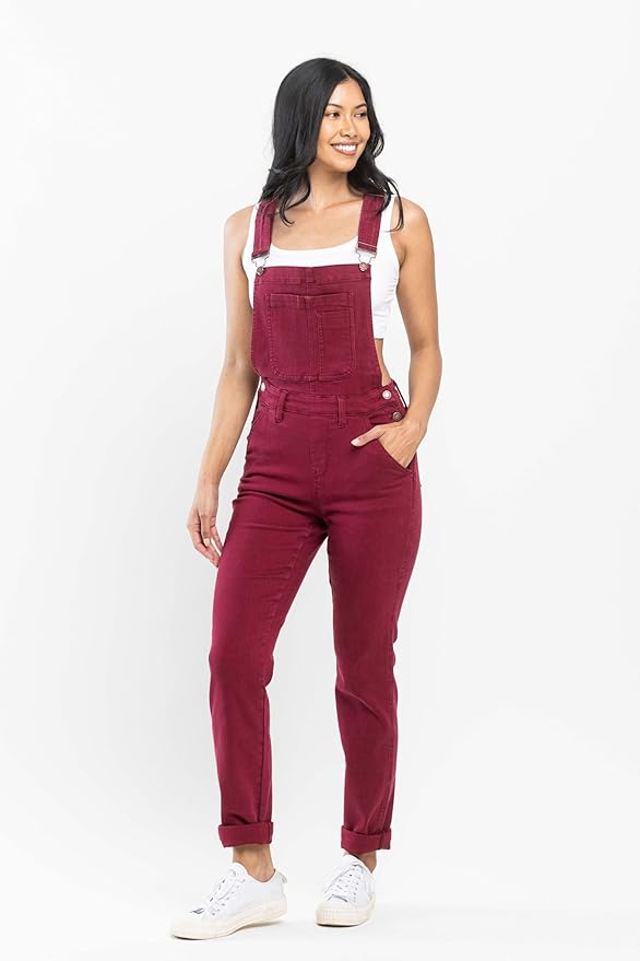 Judy Blue Garment Dyed High Rise Double Cuffed Overalls - Maroon