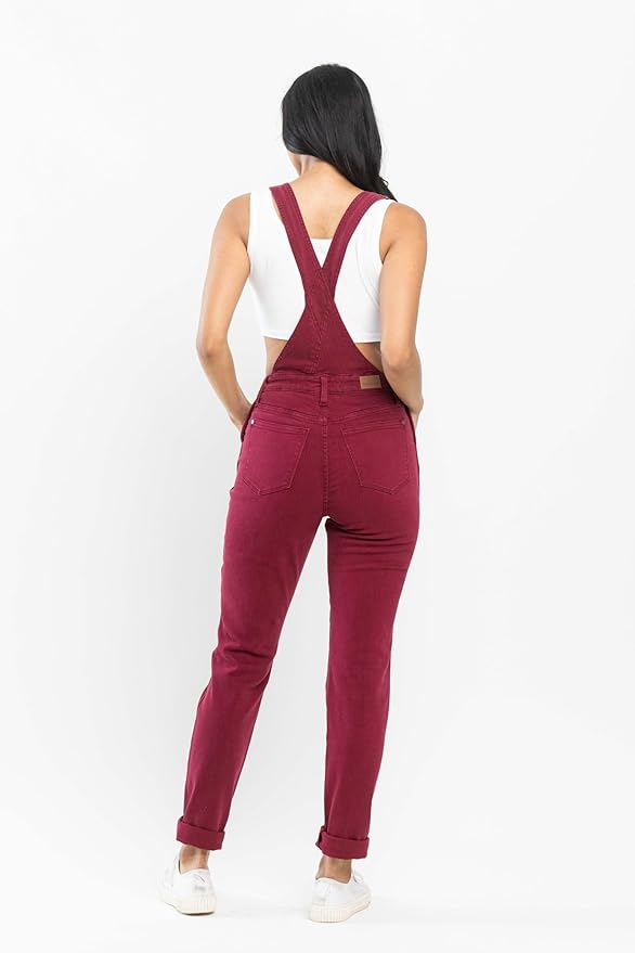 Judy Blue Garment Dyed High Rise Double Cuffed Overalls - Maroon