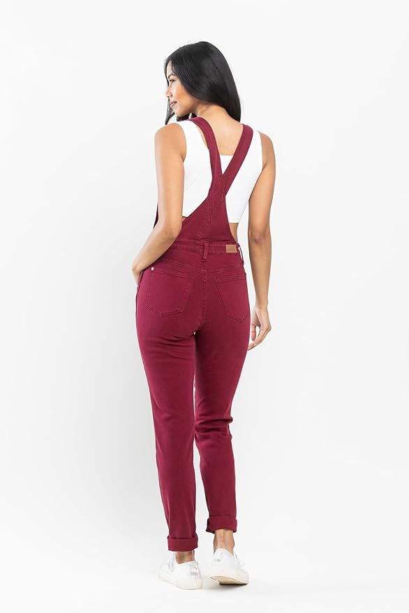 Judy Blue Garment Dyed High Rise Double Cuffed Overalls - Maroon