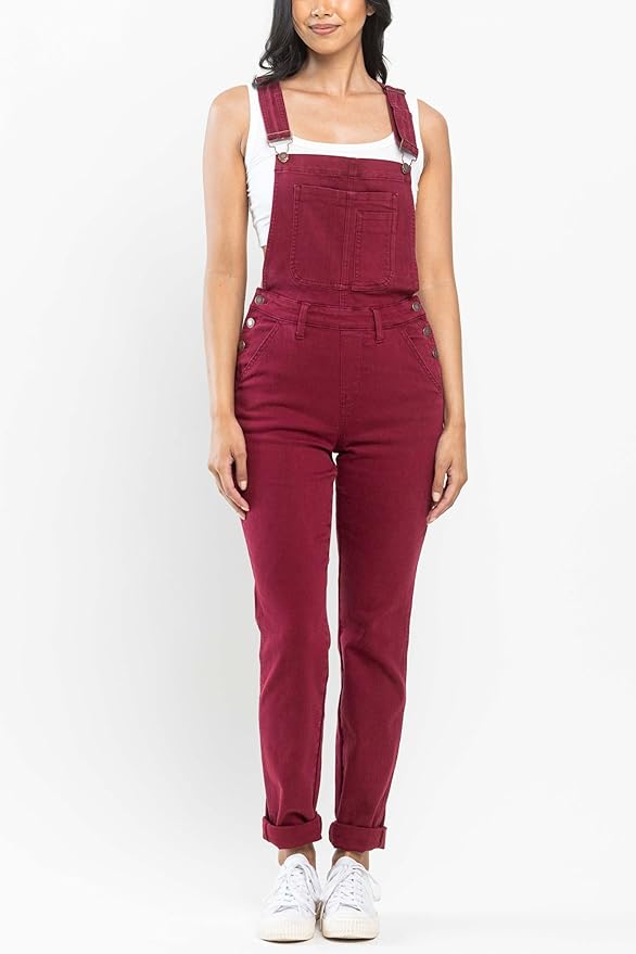 Judy Blue Garment Dyed High Rise Double Cuffed Overalls - Maroon