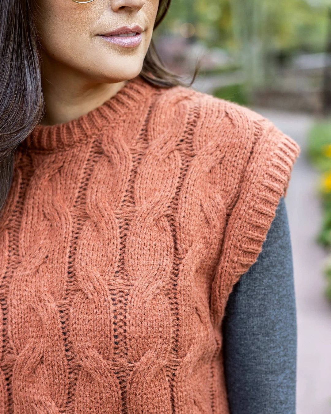 Grace and Lace Cabled Knit Sweater Vest in Cider