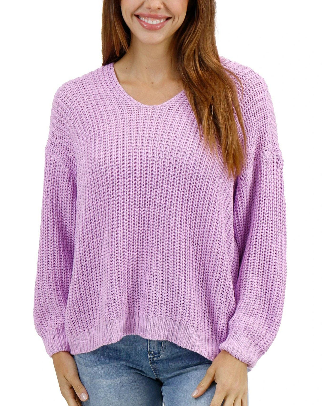 Grace and Lace Boyfriend Slouchy Knit Sweater in Orchid