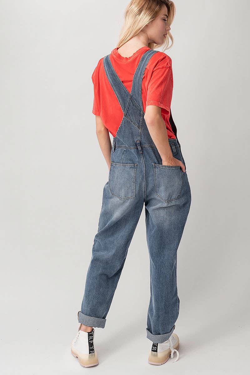 Relaxed Fit Denim Overalls Mid Wash