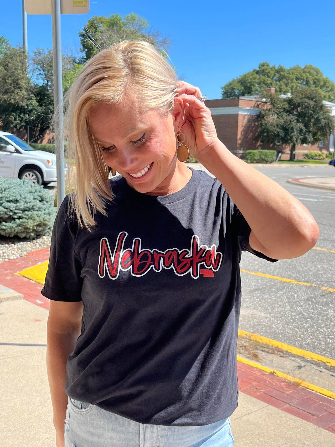 Nebraska State with outline Tee - Black