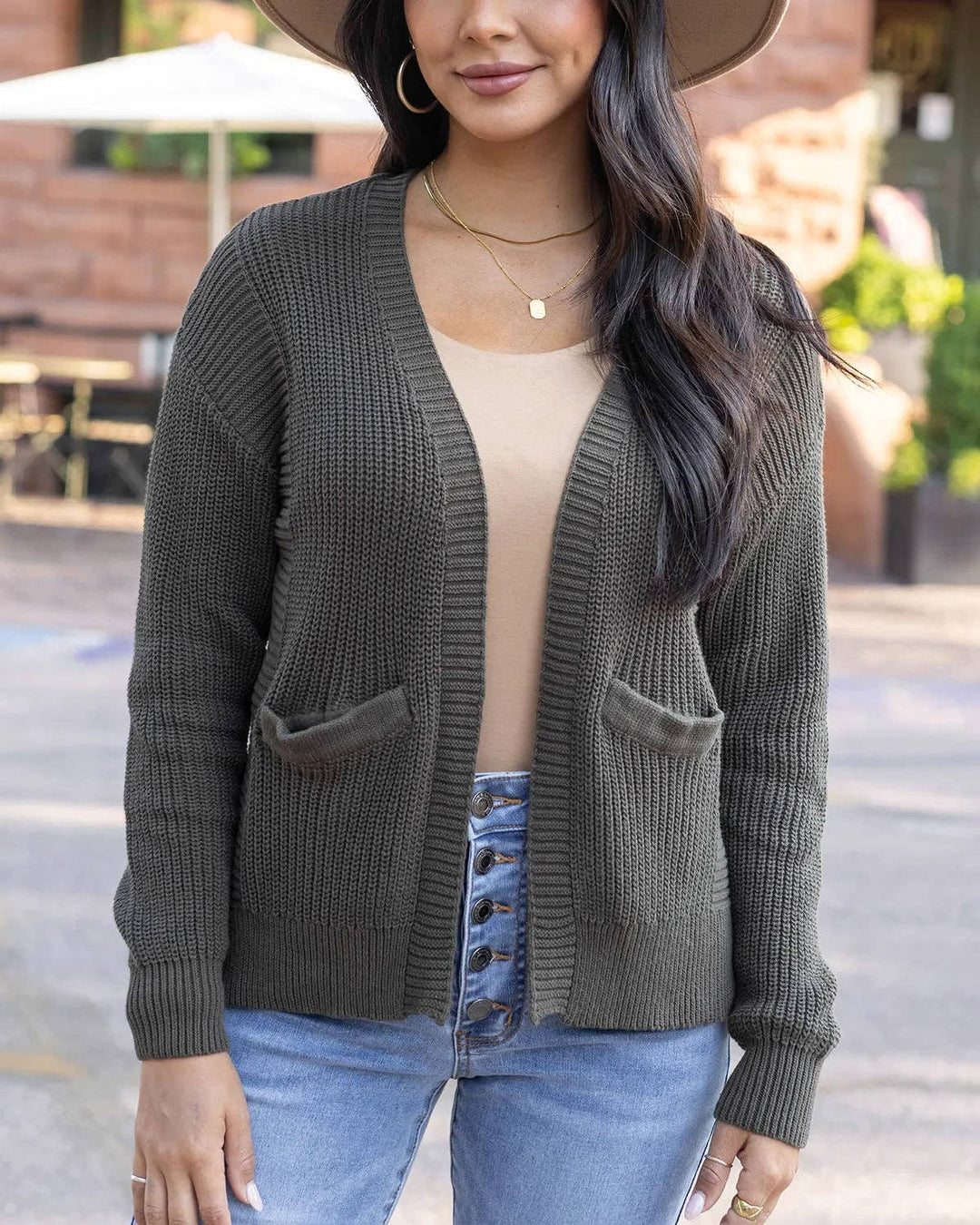 Slouchy Knit Pocket Cardigan In Deep Olive