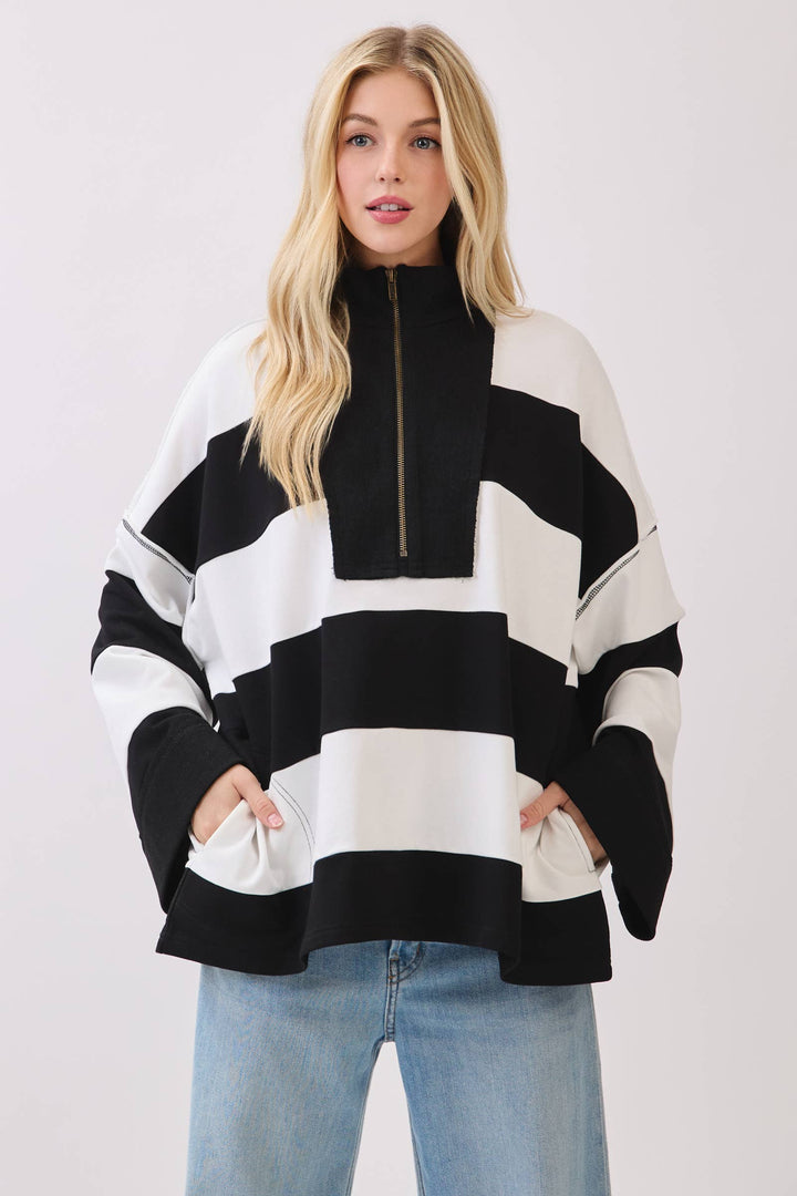 Varsity Stripe Oversized Zip Pullover - Red/Black