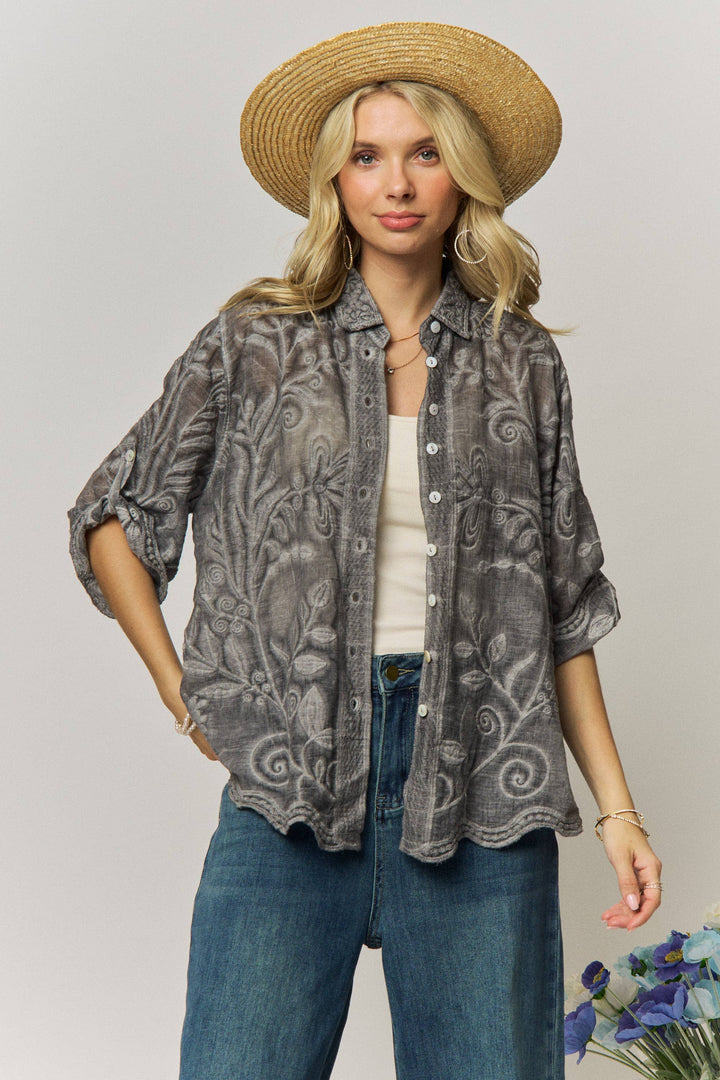 Wildflower Wanderer Mocha Button-Down Blouse