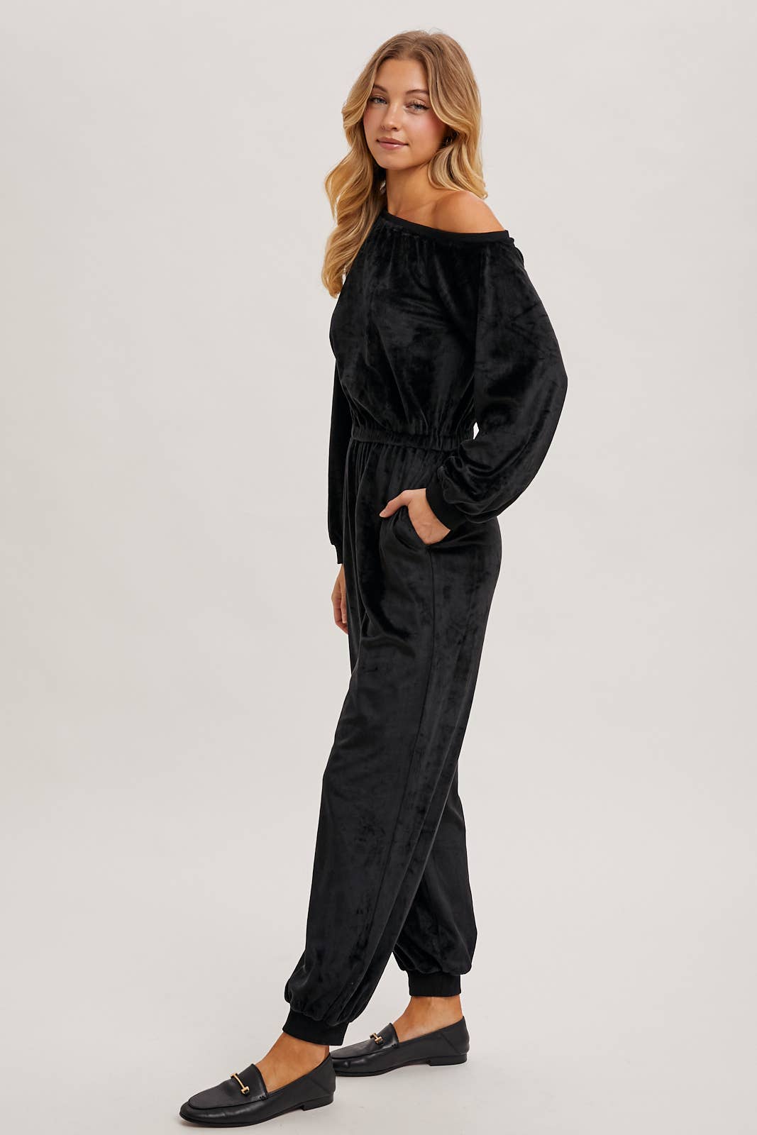 VELVET ONE SHOULDER BOAT NECK JUMPSUIT