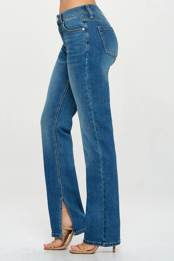 Mid Rise Straight Jeans with Side Slit in Dark Wash