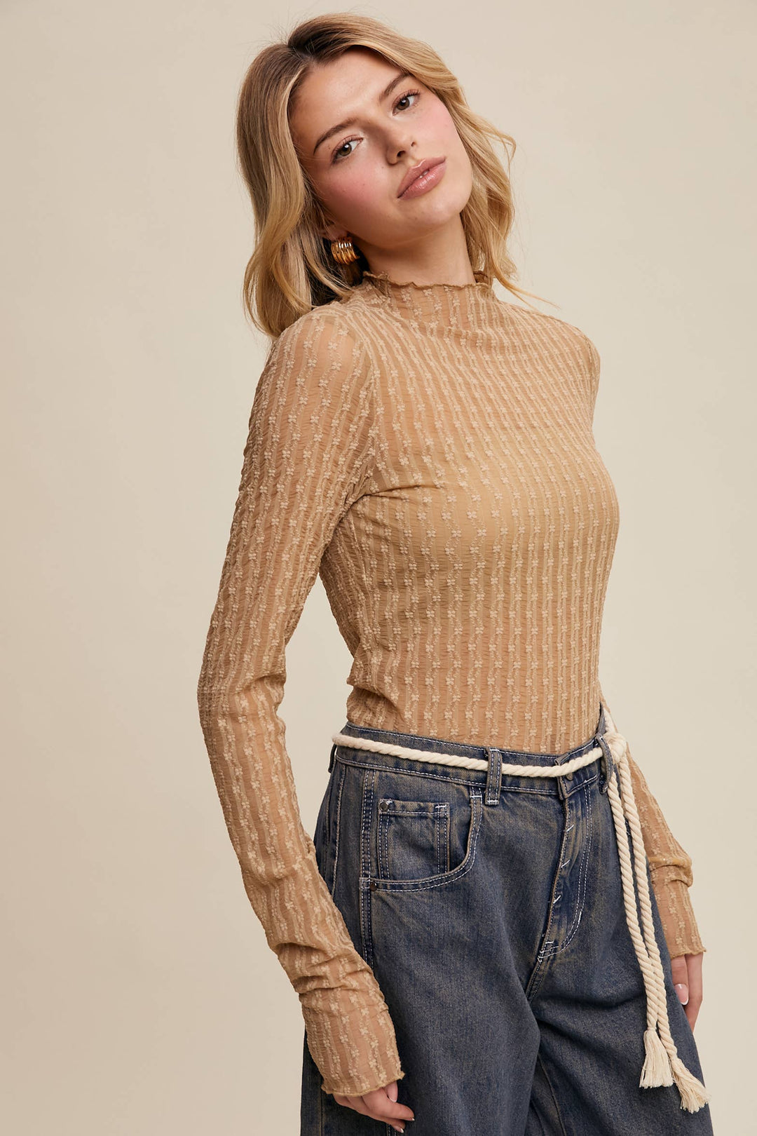 Semi Sheer Textured Lace Layering Top - Tan