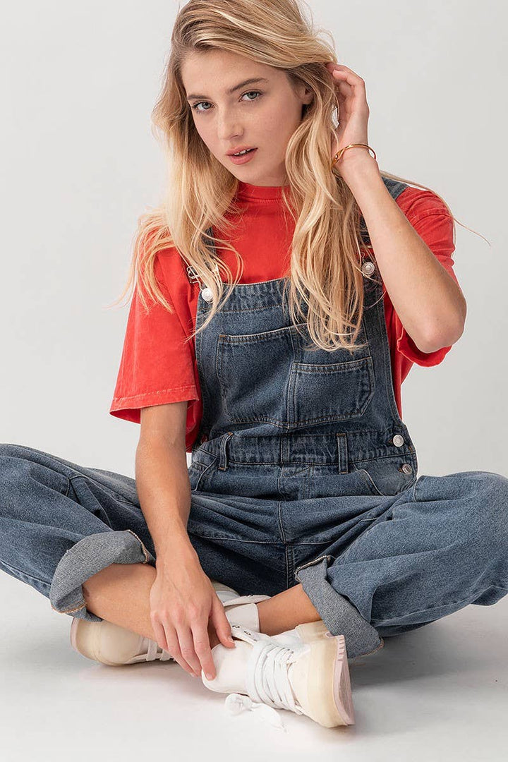 Relaxed Fit Denim Overalls Mid Wash