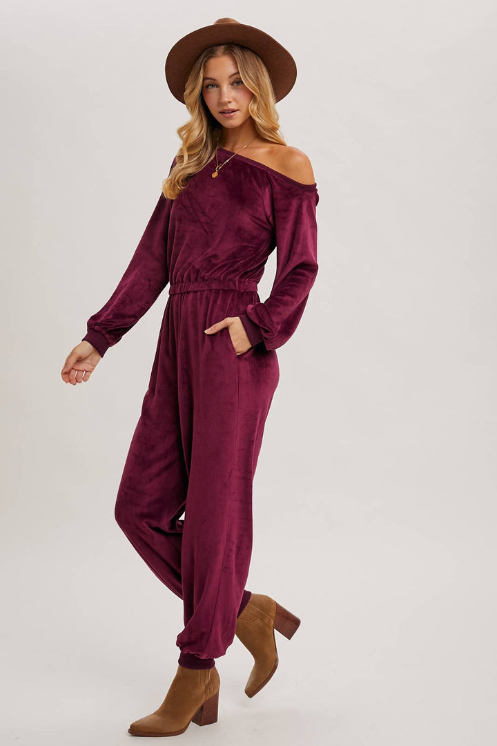 VELVET ONE SHOULDER BOAT NECK JUMPSUIT