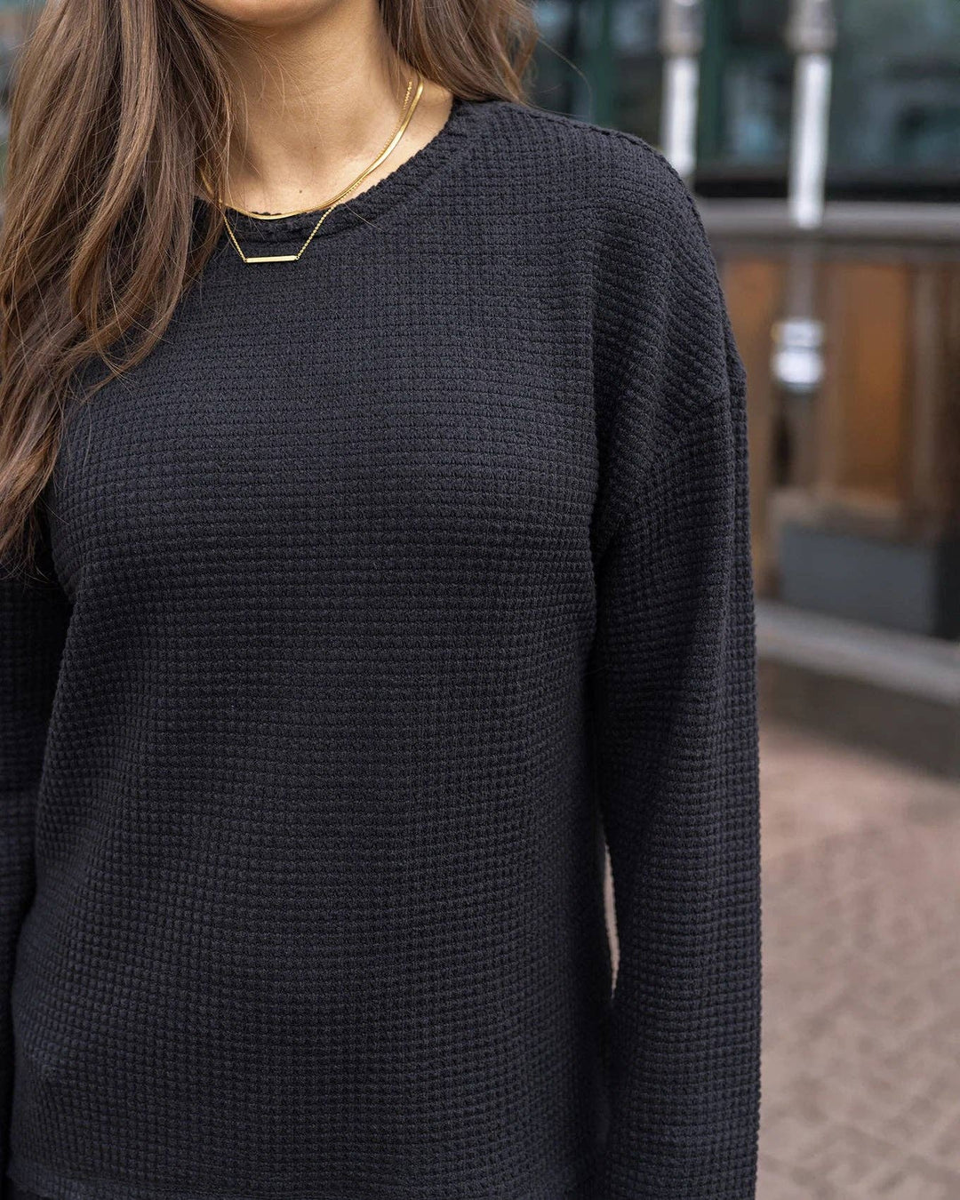 Slouchy Waffle Pullover in Black