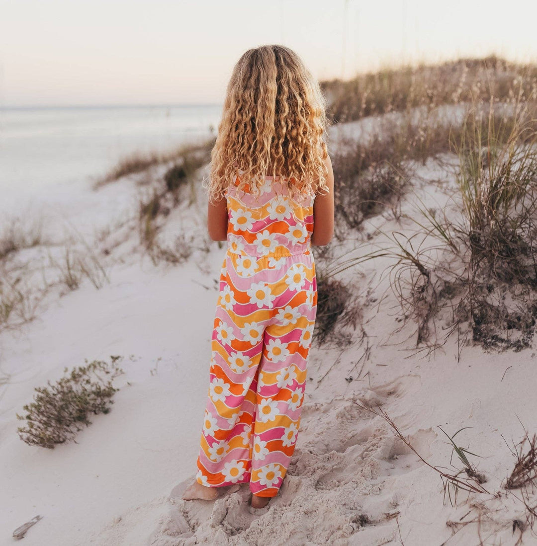 Kids Tangerine & Pink Retro Floral Jumpsuit With Pockets