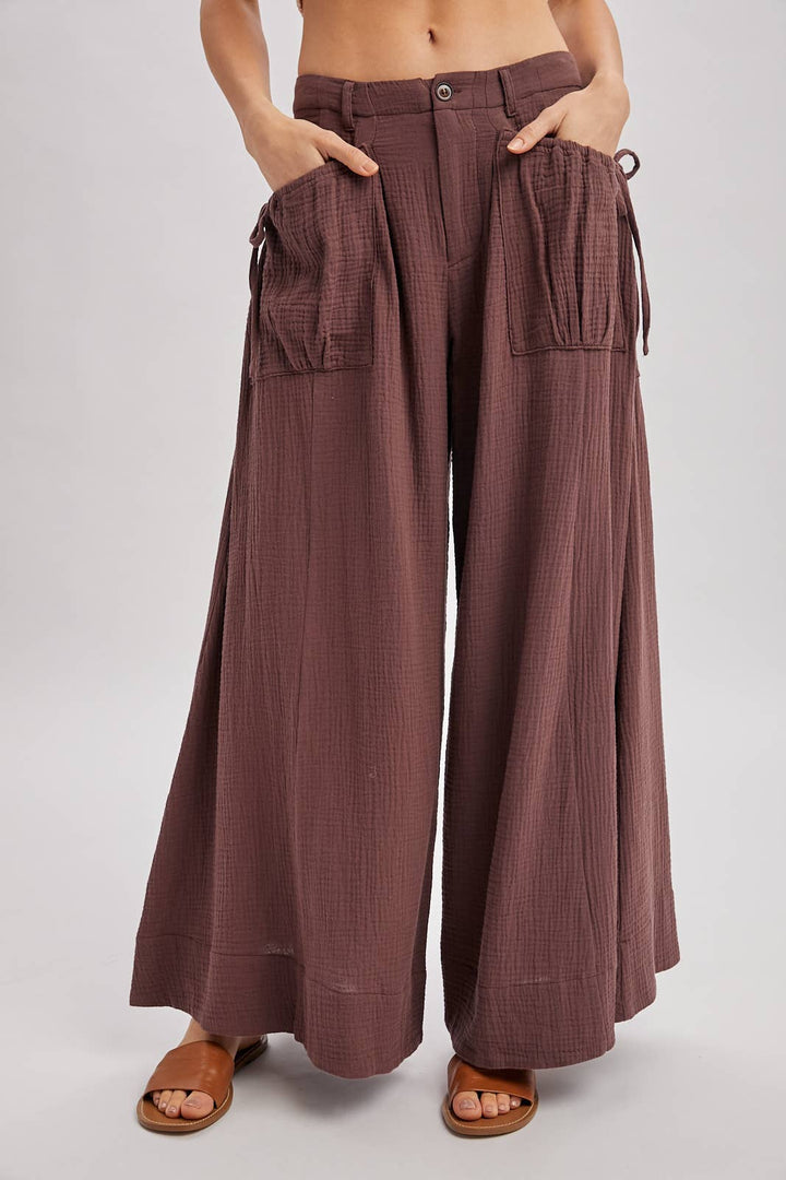 Patch Pocket Wide Leg Drawstring Pant - Mocha