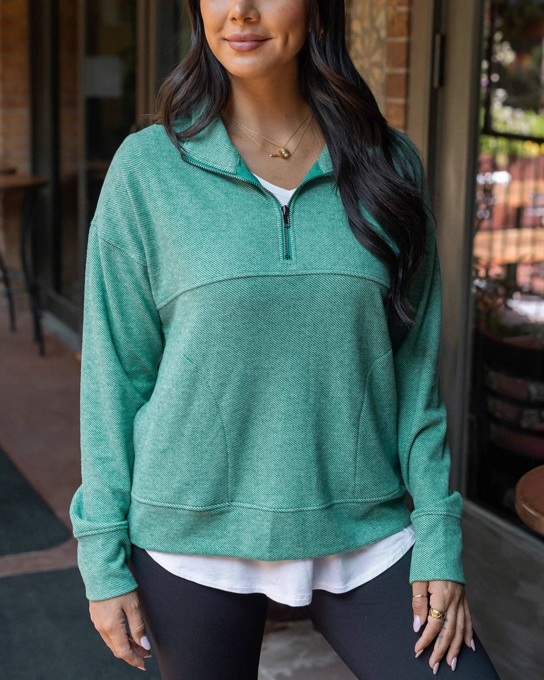 Grace and Lace Cool Day Quarter Zip Pullover in Glade Green