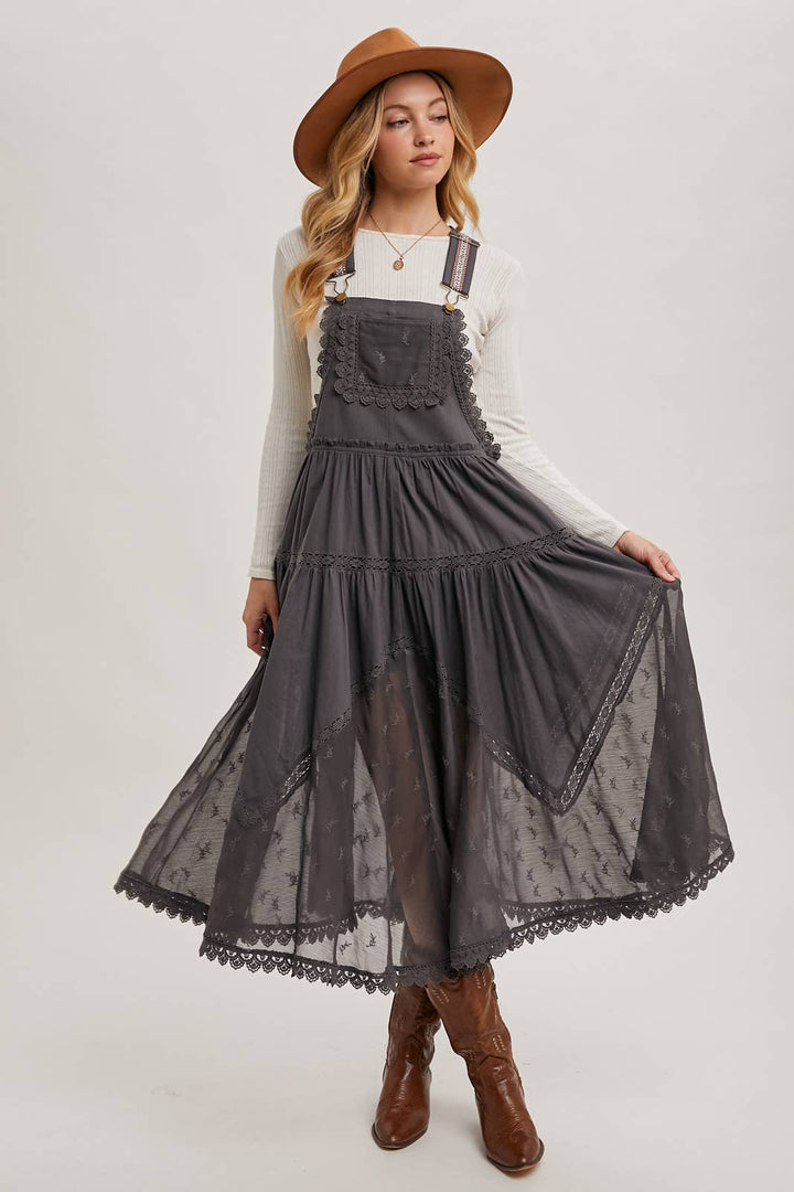 LACE EMBROIDERED TULLE BIB MAXI DRESS