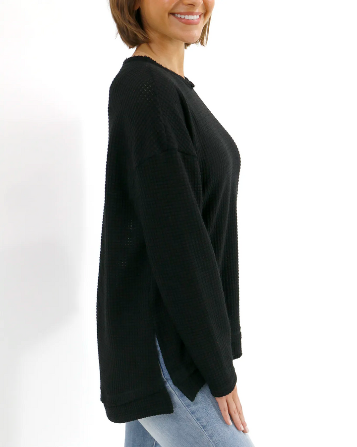 Slouchy Waffle Pullover in Black