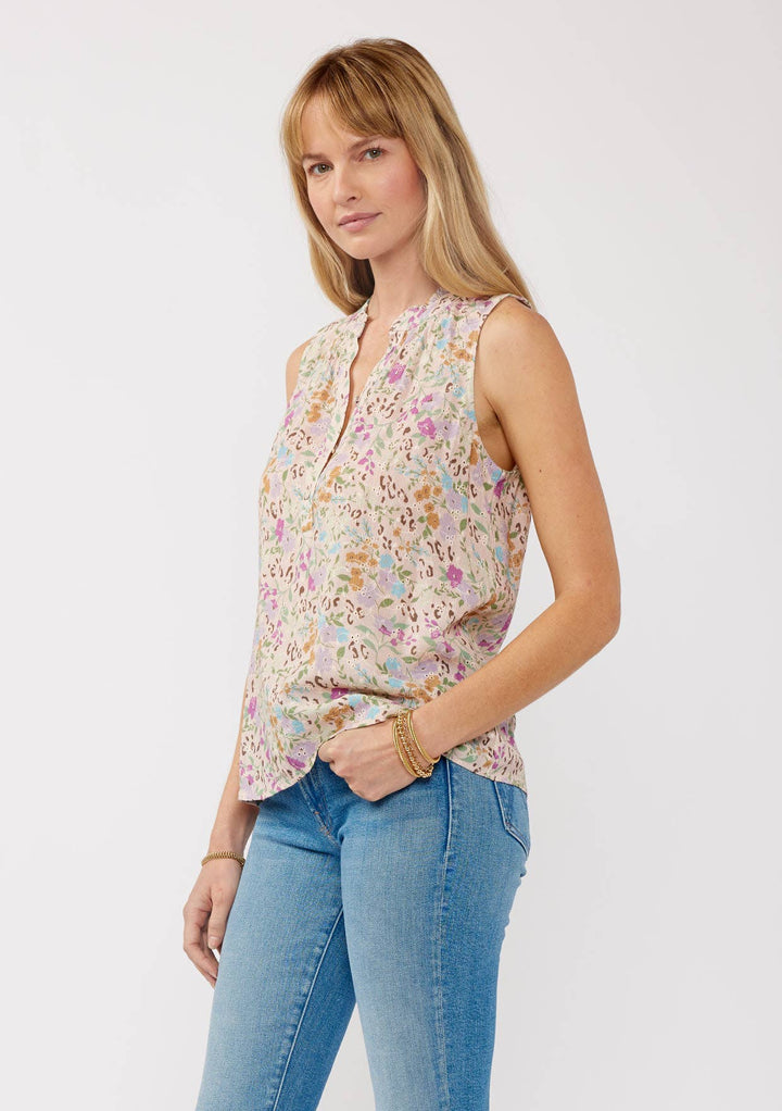 Floral Rayon Eyelet Button-Front Tank