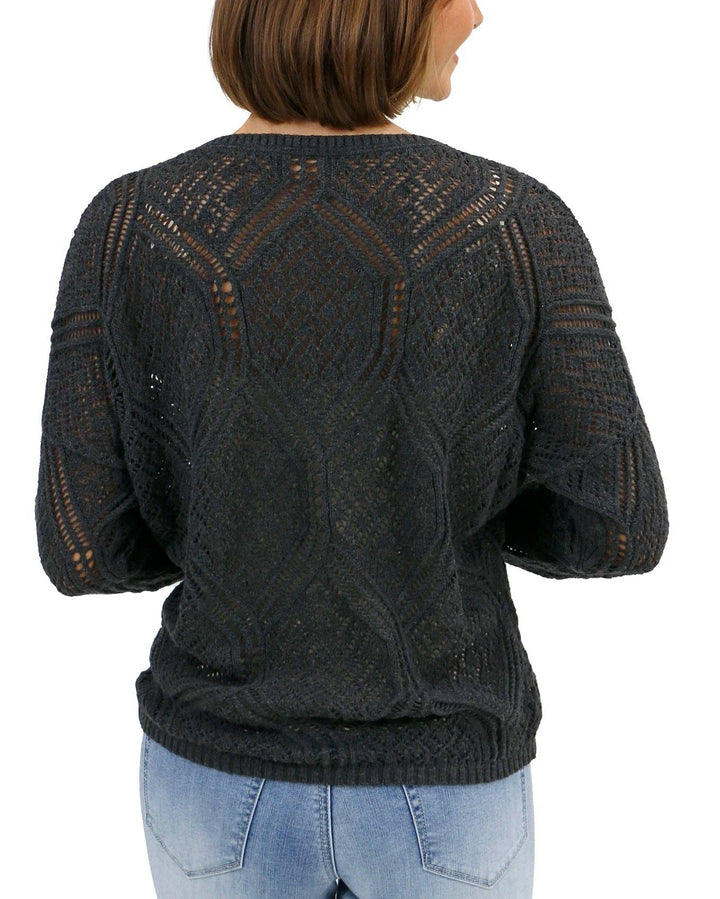 Grace and Lace V-Neck Pointelle Sweater in Charcoal