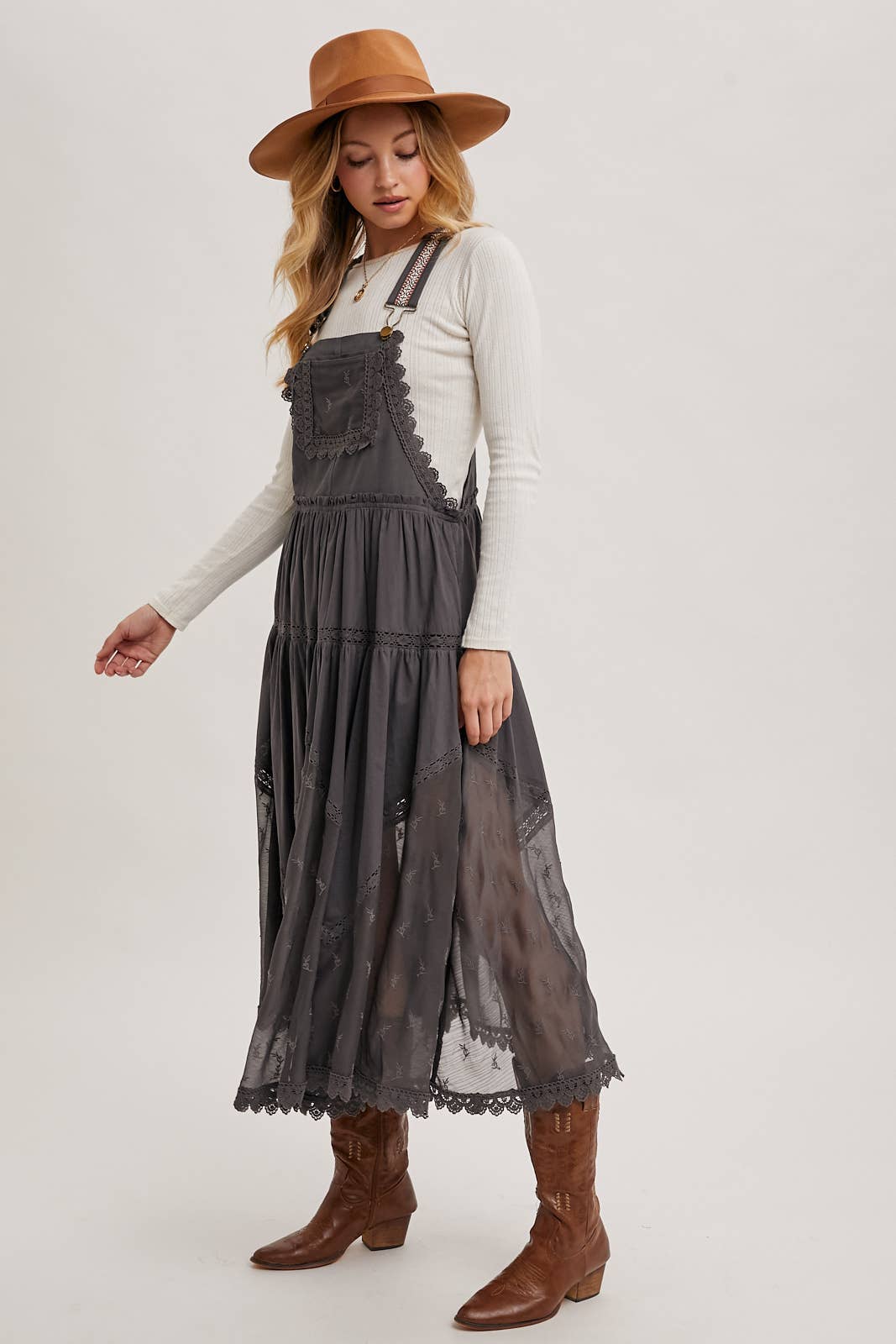 LACE EMBROIDERED TULLE BIB MAXI DRESS