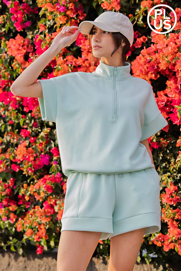 RAE MODE PLUS SIZE MODAL SCUBA QUARTER ZIP SHORT SLEEVE TOP