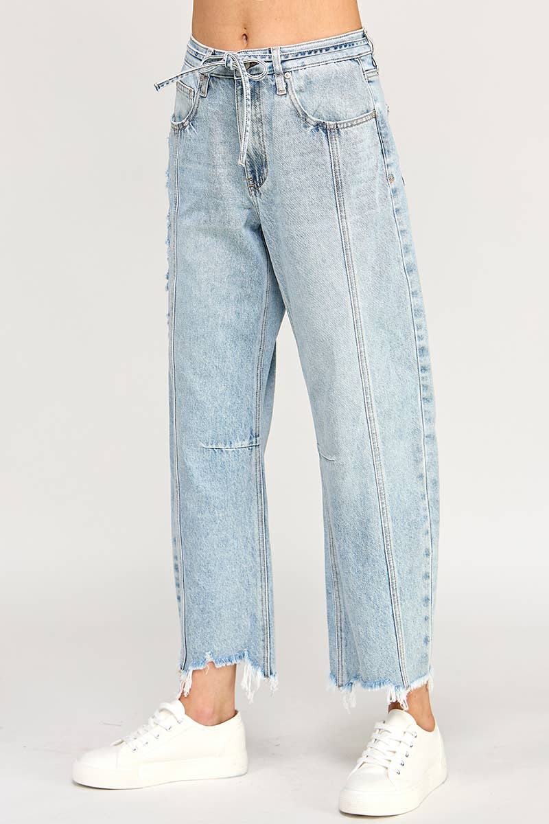 Stretch High Rise Tie-Waist Frayed Hem Barrel Jean  - Light Wash