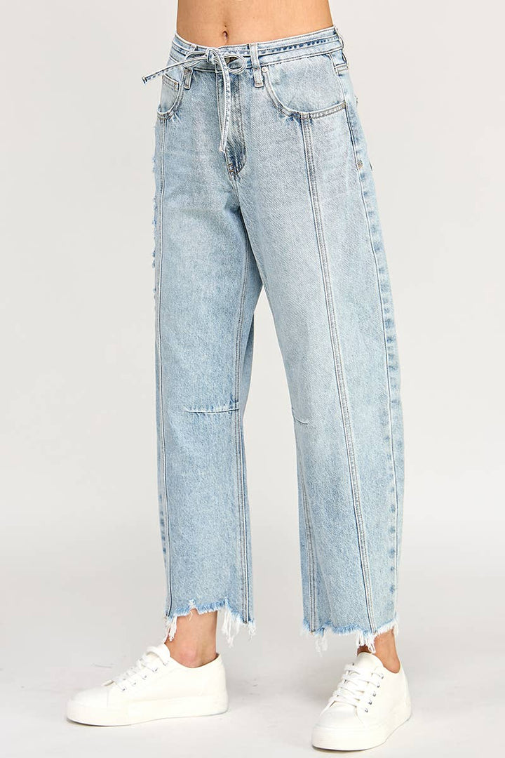 Stretch High Rise Tie-Waist Frayed Hem Barrel Jean  - Light Wash
