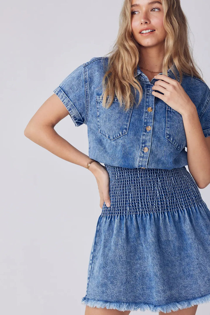 BUTTON UP SMOCKING WAIST DENIM MINI DRESS