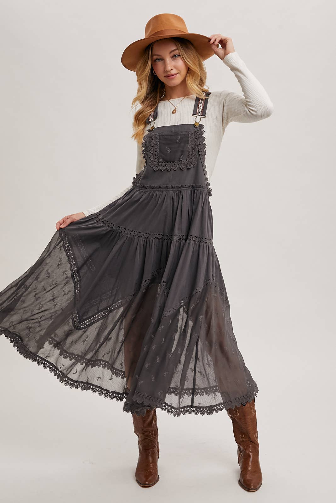 LACE EMBROIDERED TULLE BIB MAXI DRESS