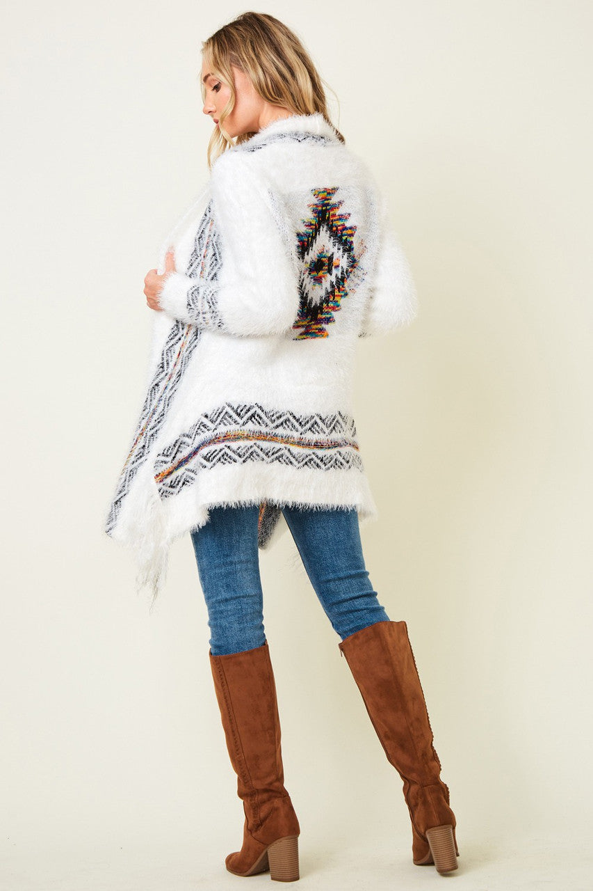 Aztec Print Long Sleeve Cardigan In Ivory