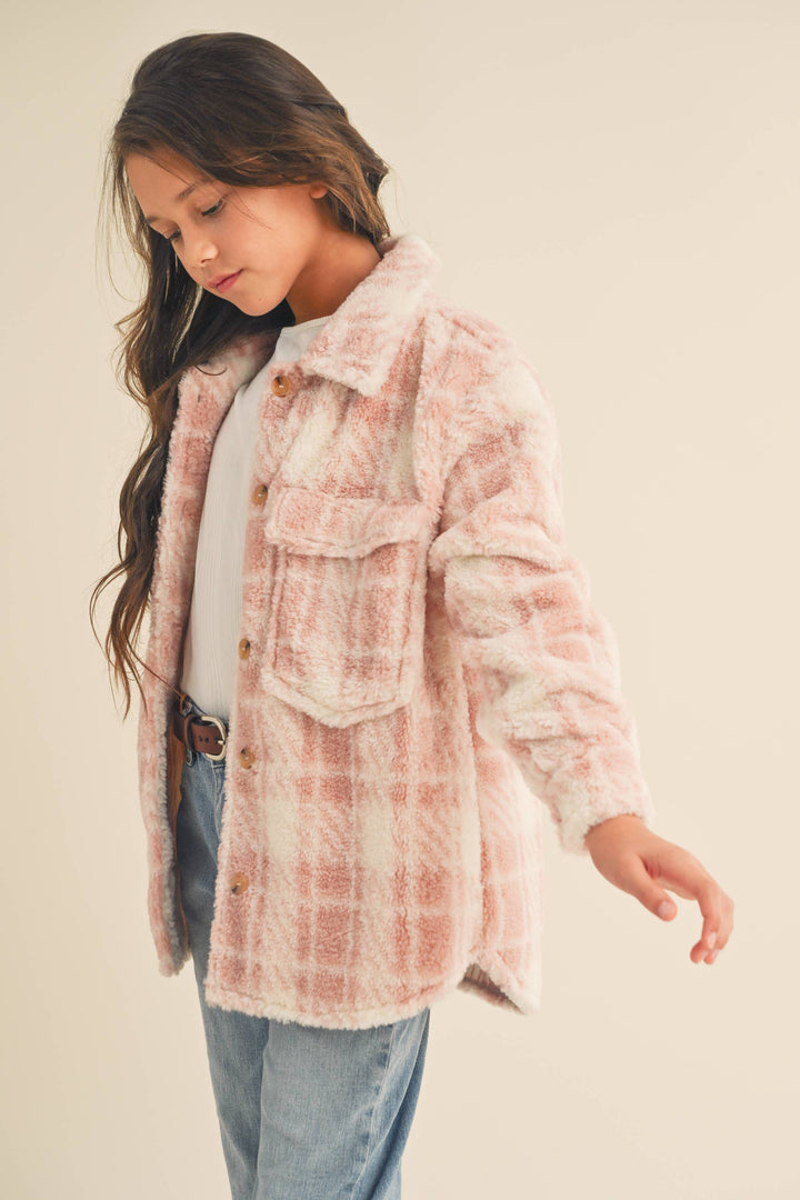 GIRLS DOUBLE POCKET PLAID SHACKET-BLUSH