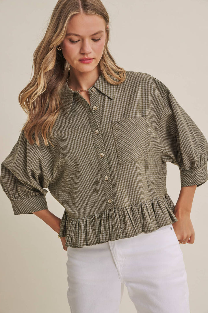Sunday Stroll Gingham Ruffle Top - Olive