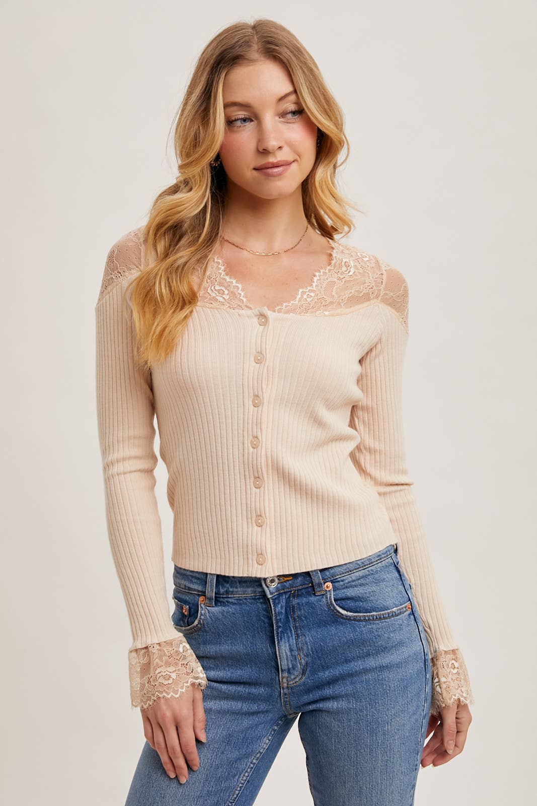 LACE TRIMMED BUTTON DOWN KNIT TOP