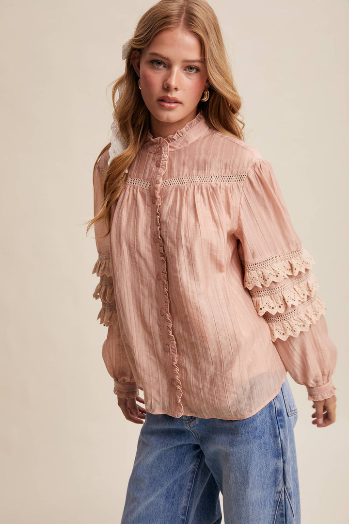 Lace Ruffle Sleeve Pintuck Blouse - Blush