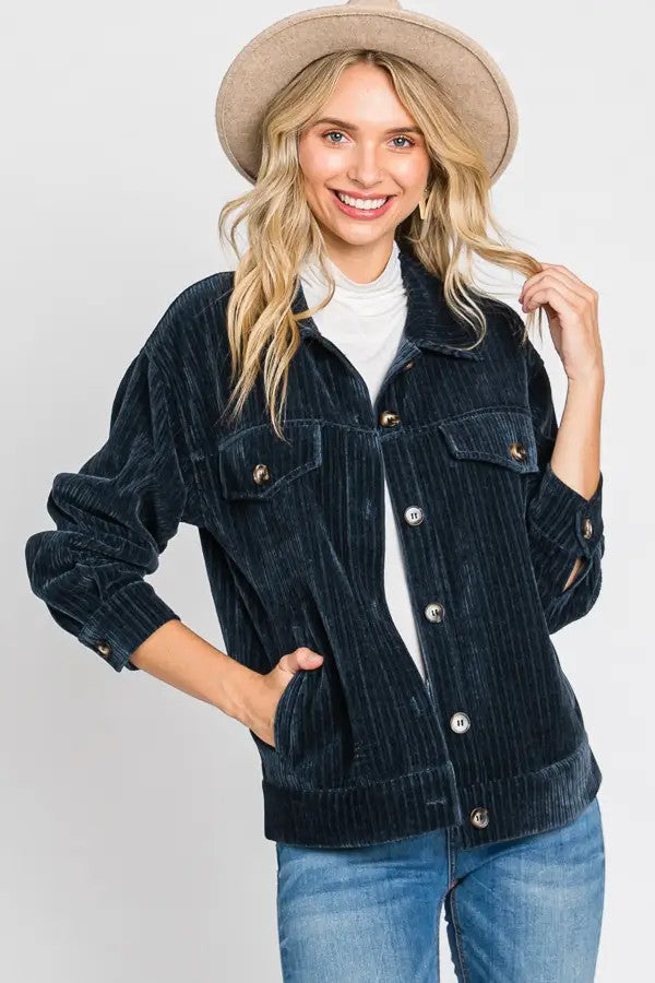 Button Down Soft Ribbed Jacket - Dark Blue