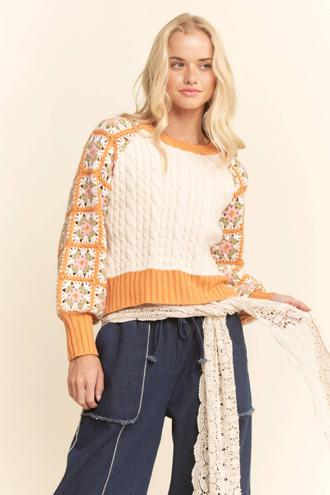 Boho Bloom Crochet Sleeve Cable Knit Sweater - Orange/Cream