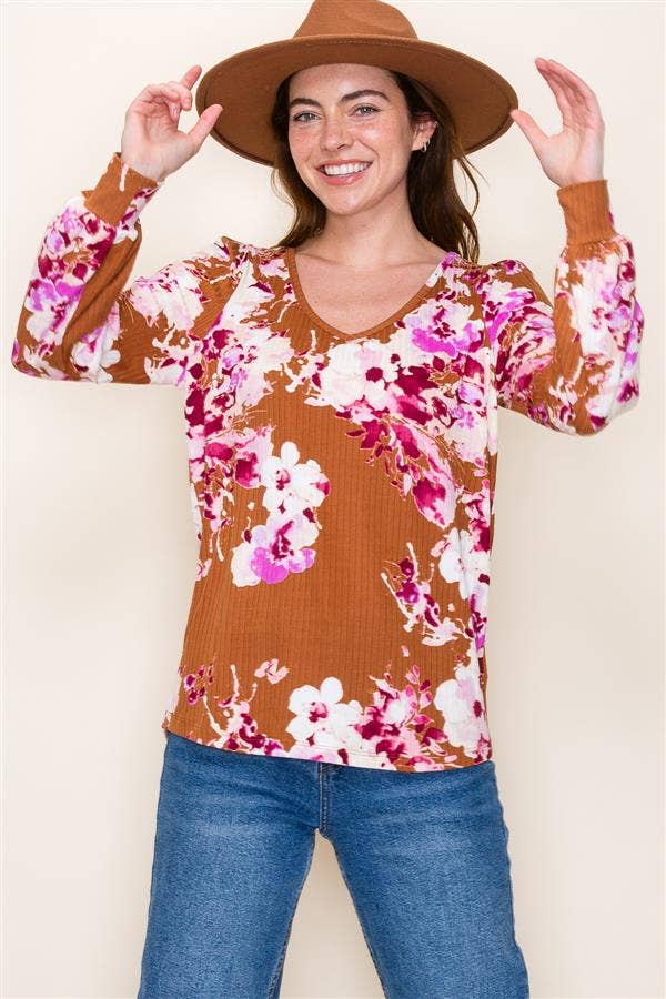 V-Neck Rib Floral Print Top - Camel