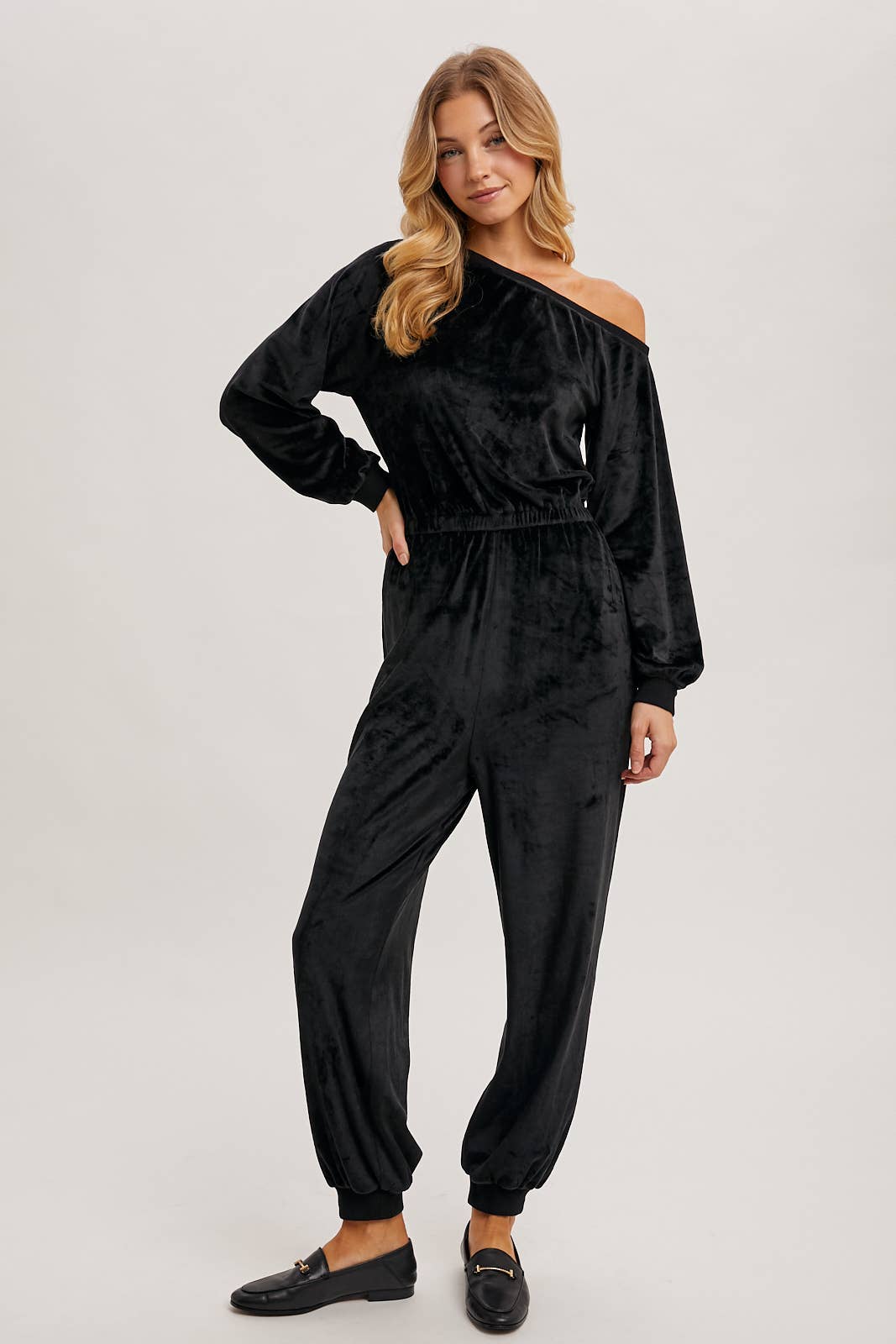 VELVET ONE SHOULDER BOAT NECK JUMPSUIT