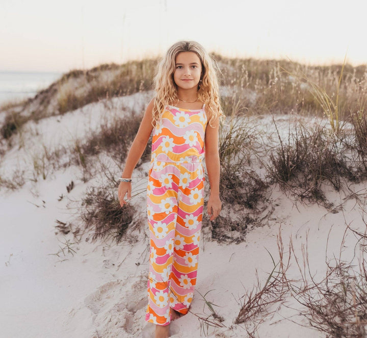 Kids Tangerine & Pink Retro Floral Jumpsuit With Pockets
