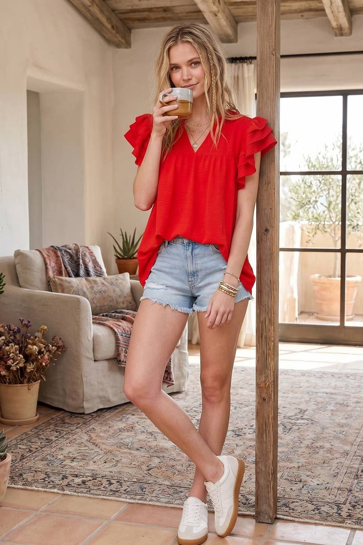 AIRFLOW OVERSIZED RUFFLE SLEEVE BLOUSE - BURGUNDY