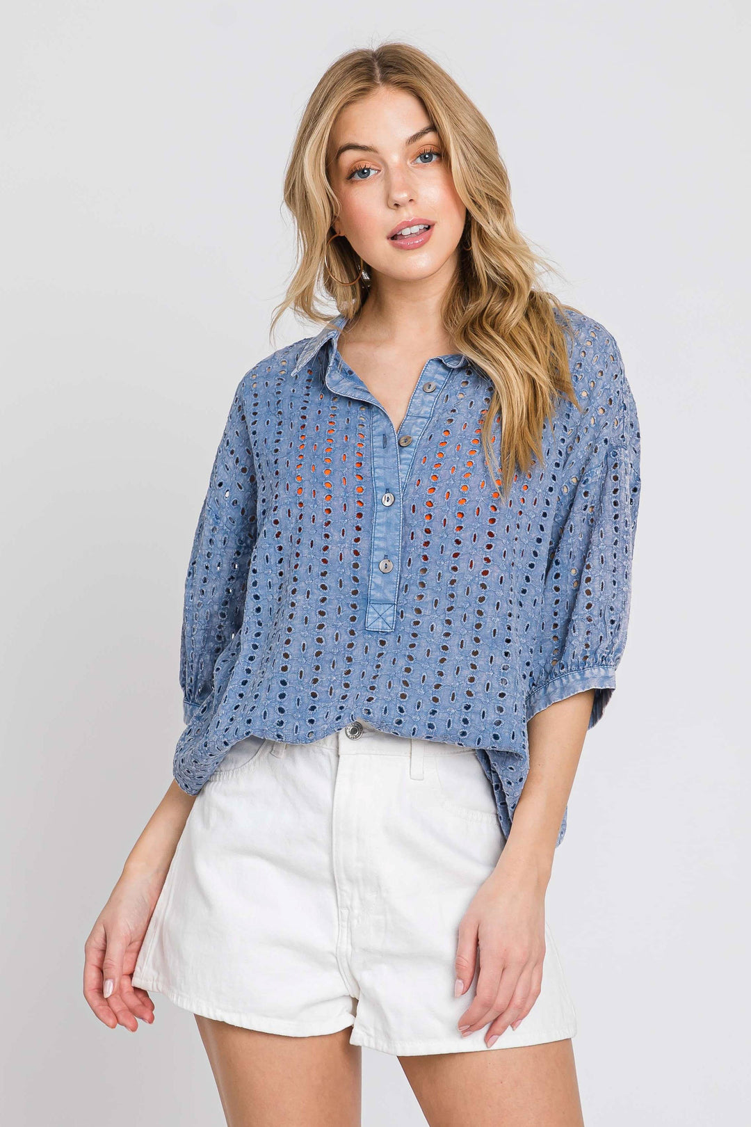 Cotton Eyelet Washed Top - 2 colors (Pink/Blue)