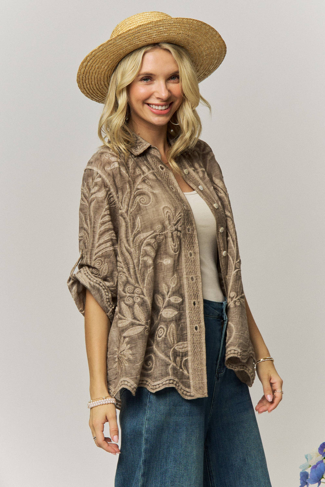 Wildflower Wanderer Mocha Button-Down Blouse